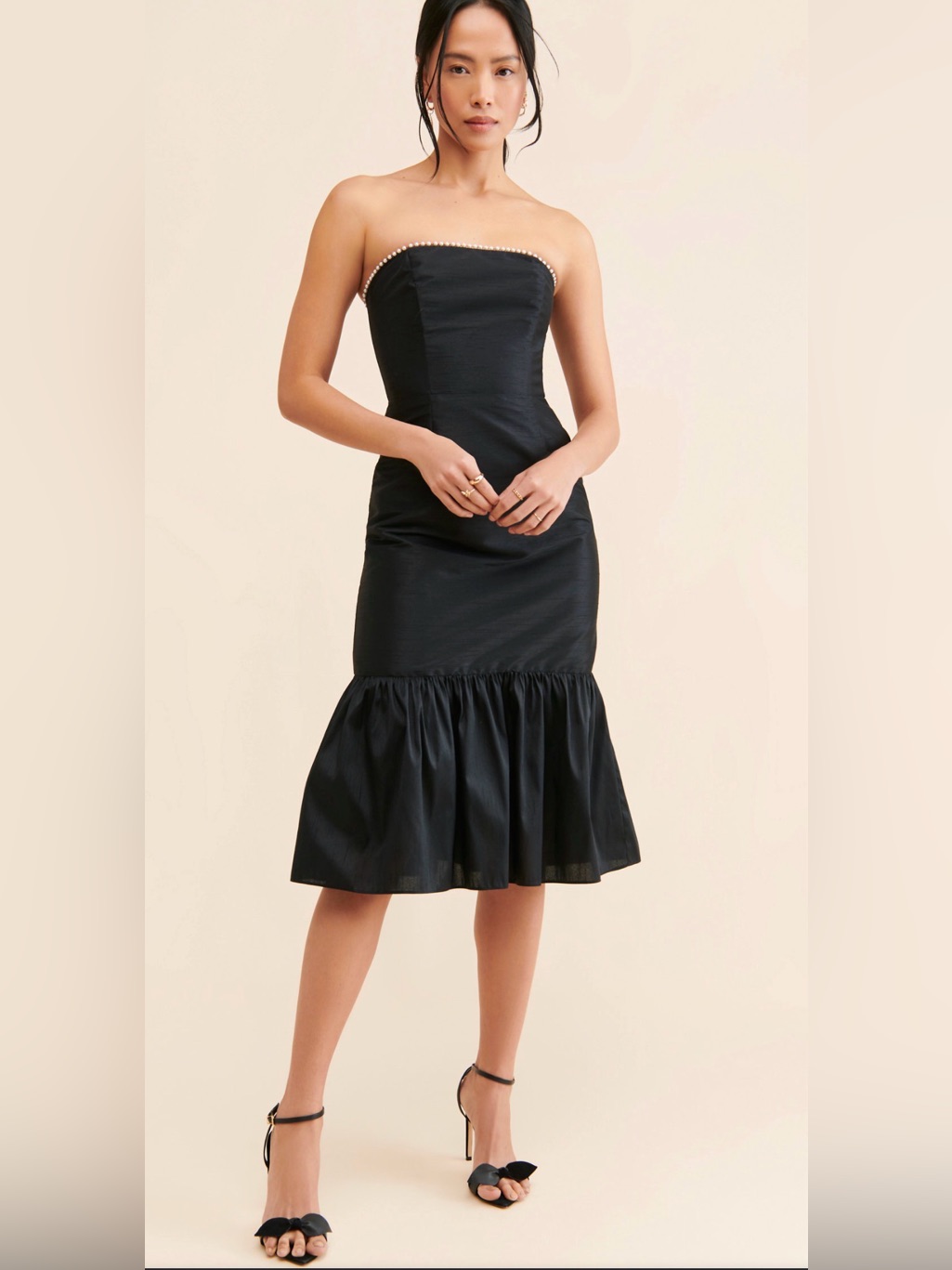 Gin & Jules Gwyneth Pearl Trim Strapless Trumpet Midi Dress Black Formal Lbd